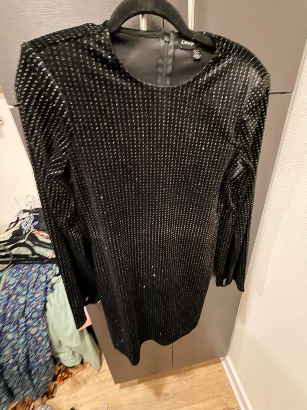 Vintage Black Long-Sleeve Velvet Dress with Silver Beading